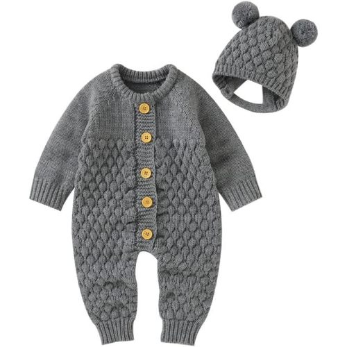 LAWKUL Baby Outfit Cotton Knit Newborn Infant Romper Knitted Longsleeve Sweater Clothes With Warm Hat Set Toddler Boy Girl