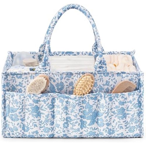 Quilted Diaper Caddy Organizer with Handle, Portable Nursery Storage Basket