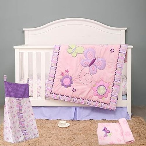 5 PCs Pink Purple Butterfly Themed Nursery Crib Bedding Set Baby Girl Butterfly Themed Cot Bedding Set Quilt , Fitted Sheet , Skirt , Diaper Storage Bag , Blanket,28 X 52