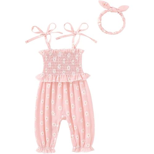 YOUNGER TREE Newborn Baby Girl Clothes Summer Sleeveless Smocked Romper with Headband Toddler Jumpsuit Outfits