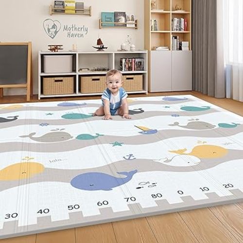 79x71 Foldable Baby Play Mat for Floor, Extra Large Reversible Foam Play Mat for Babies 6-12 Months, Waterproof Portable Foam PlayMat for Tummy Time for Toddler - Whales