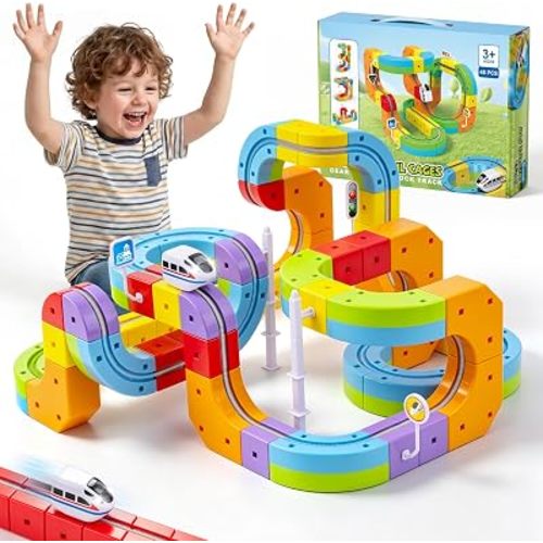 Electric Train Set for Kids 3-8, Magnetic Train Set with LED Light Motorized Train, 3D Flexible Track Building Toy, STEM Educational Track Set Birthday Christmas for Boy & Girl(48Pcs)