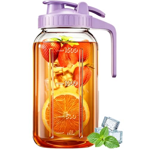 VA1KENE 64oz Glass Mason Jar Pitcher with Lid Wide Mouth, 2 Quart Leakproof Glass Water Jug for Juice, Sun Iced Tea, Cold Brew Coffee, Milk Storage, Purple