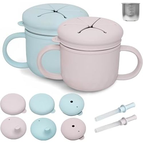 2 Pack 10oz Stainless Steel Toddler Snack Cups, Removable Silicone Food Catcher and Travel Lids, Spill Proof Baby Snack Containers, Multifunctional Snack Containers for Toddler and Baby