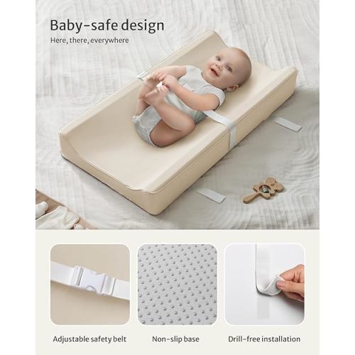 Blissful Diary Vegan Leather Baby Changing Pad with Waterproof & Wipe-Clean PU Cover, Standard Size Cozy Diaper Changing Pad for Dresser and Table, Beige