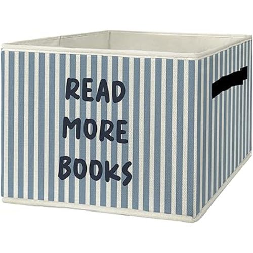 Blue Striped Book Storage Bins & Boxes with Handles, Book Lover Gifts Foldable Basket for Organizing, Read More Books Collapsible Storage Basket for Bedroom Bathroom Clothes Toys Books