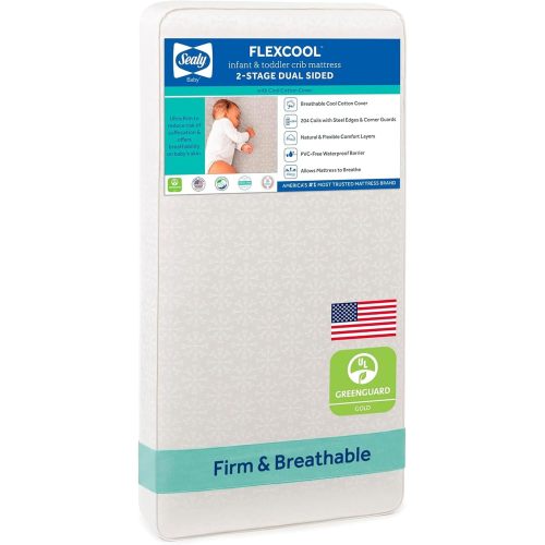 Sealy Baby Flex Cool 2 Stage Crib Mattress and Toddler Bed Mattress, Breathable Hybrid Coil Design, Waterproof Cotton Surface, GREENGUARD Gold Certified, Standard 52x28 Size
