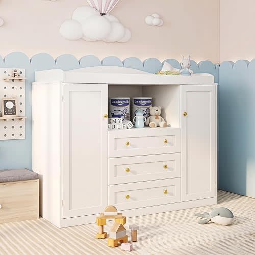 Jublume White Changing Table Baby Dresser with Changing Table Top,47'' Wide Kids Nursery Dresser with Drawers,Cabinets,Clothes Rack,Open Storage Space,Multi-Functional Wood Diaper Changing Station