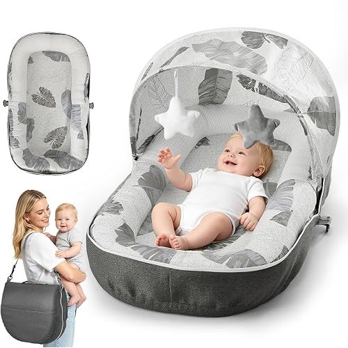 Baby Lounger with Canopy, Portable & Foldable Baby Lounger for Newborn 0-12 Months, Removable Infant Lounger & Baby Play Mat, Lightweight Baby Nest for Home & Outdoor Use(Grey Leaf)
