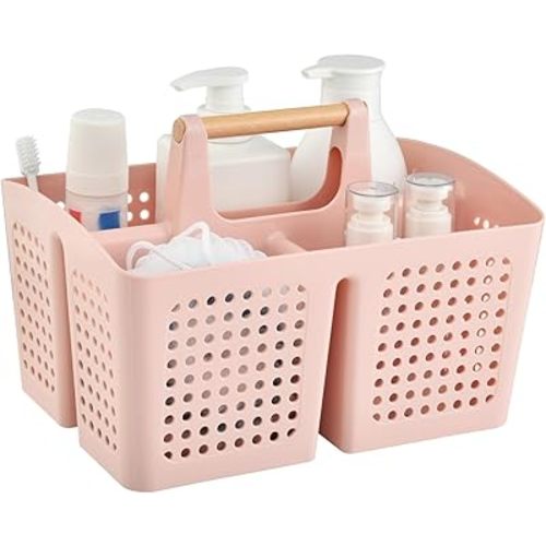 Portable Shower Caddy Basket with Compartments, Plastic Divided Cleaning Caddy Organizer Storage Tote with Handle for Bathroom, College, Dorm Room Essentials, Pink
