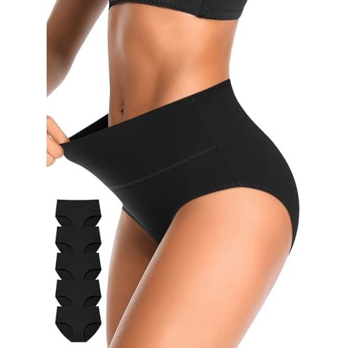 OLIKEME High Waisted Underwear for Women Cotton Slight Tummy Control Panties Postpartum Soft Full Coverage Briefs 5 Pack