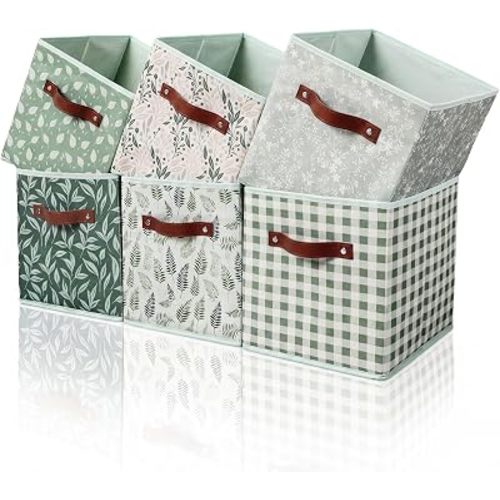 Patelai 6 Pcs Sage Green Cube Storage Bins 11 Inch Storage Cube Bins with Leather Handle Collapsible Basket Organizer for Closet Classrom Dorm Office School Shelves Home Clothes