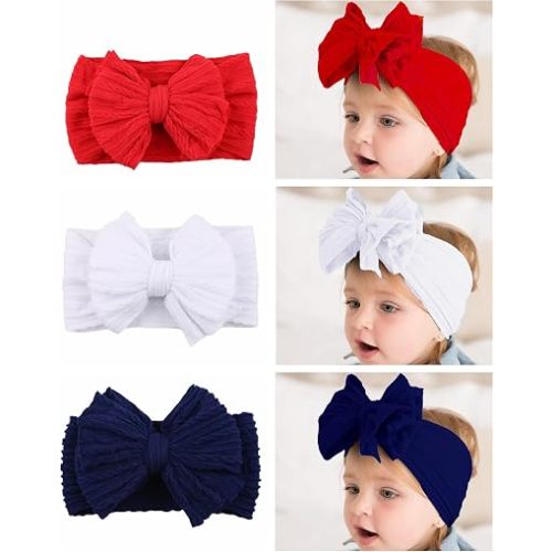 Baby Girl Headbands Hair Bows Nylon Hair Accessories Hairbands for Newborns, Infants, and Toddlers Perfect for Daily Wear and Photoshoots.(FD130) (Red White Navy Blue, Free)