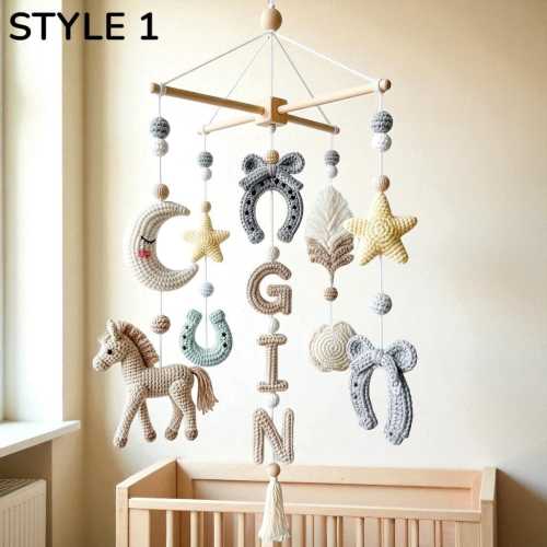 Custom Personalized Crochet Baby Mobile, Foal, Moon & Star Nursery Decor, Neutral Boho Crib Mobile with Lucky Horseshoe