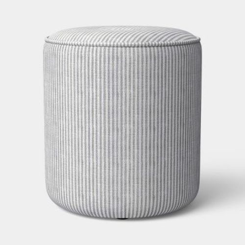 Upholstered Drum Ottoman with Button Tuft and Piping Cream/Blue - Threshold™