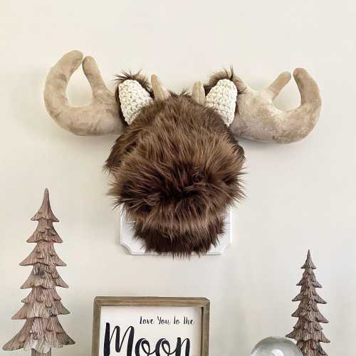 Moose Plush Wall Mount with Faux Fur for Woodland Nursery