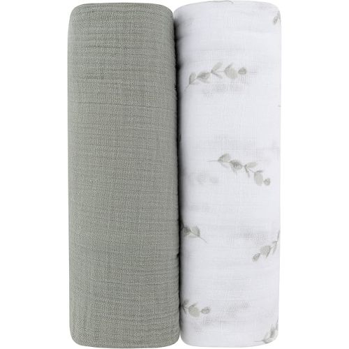 Ely's & Co. Muslin Swaddle Blanket 2-Pack — 100% Cotton Muslin Extra-Large Swaddle Blankets (47” x 47”) Watercolor Eucalyptus Print & Solid Sage