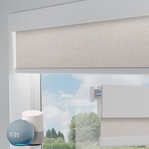 Motorized Blinds No Drill Automatic Blinds for Windows Cordless Roller Shades Electric Blinds with Remote Control Smart Blinds (Linen, 33.5 x 72)