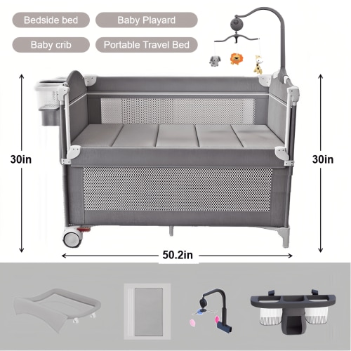 5 in 1 Baby Bassinet Bedside Crib with Bassinet & Reversible changing table,Portable Baby Playards for Newborn to Toddler, Unisex, Gray