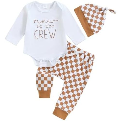 BULINGNA Newborn Baby Boy Coming Home Outfit Long Sleeve Letter Print Romper Checkered Pants Hat infant Checkerboard Outfit