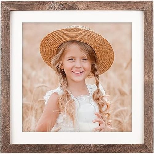 10x10 Picture Frame Wood Display Picture 8x8 with Mat or 10x10 without Mat Distressed Brown Square Photo Frame for Wall and Tabletop Decoration