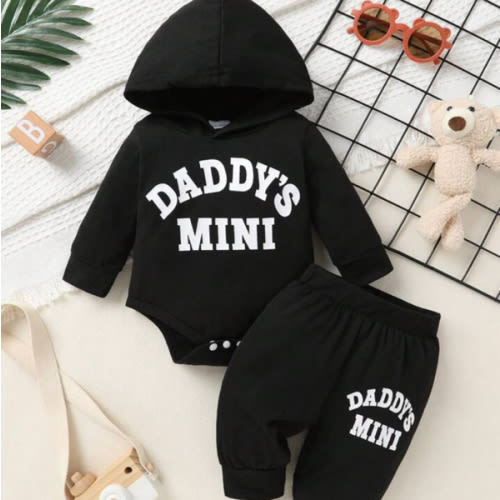 2pcs Set, Casual, Cute, Baby Boy Clothes, Infant Bodysuit, Baby Autumn/Winter Outfit, Soft & Comfortable, Letter Print Hoodie Top And Solid Letter Print Pants Set, Suitable For Daily, Vacation, Party, Outdoor