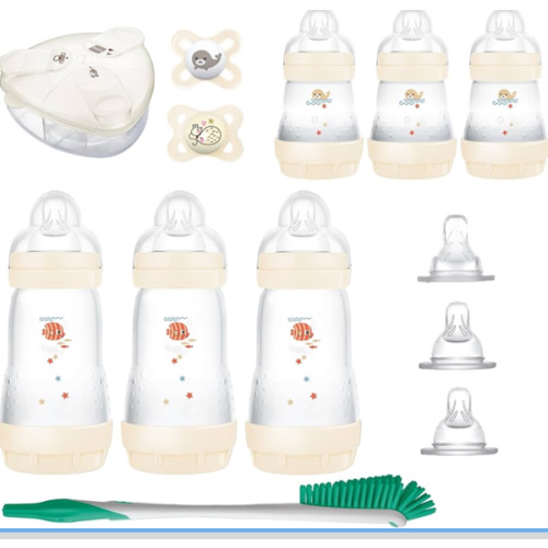 MAM Baby’s First Gift Feeding Set, Newborn Essentials Must Have for 0-3 Months, Self-Sterilizing Anti-Colic Bottles & Brush, Pacifiers, Skinsoft Silicone Nipples & Formula Dispenser, Unisex Set
