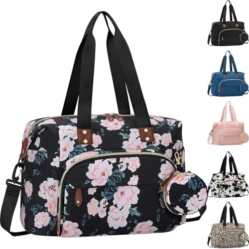 Tenot Diaper Bag Tote, Baby Bag Travel Diaper Tote Bag with Pacifier Case, Cute Maternity Hospital Baby Stylish Diaper Tote for Mom Dad Medium Size, Black Pink Floral
