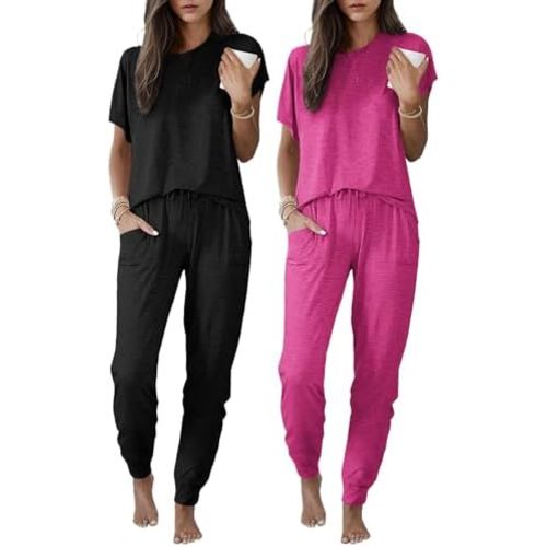 Ekouaer 2 pack Pajama Sets for Womens Jogger Pants Pjs Short Sleeves Lounge Set Soft Sleepwear with Pockets