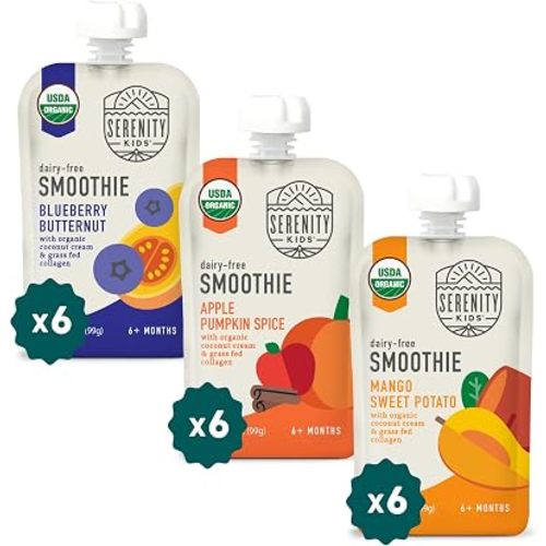 Serenity Kids Organic Dairy Free Baby Smoothie Pouches, 5g Protein, 18 Pack