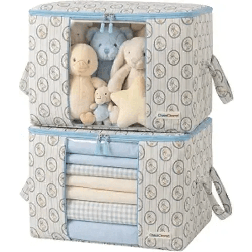 Kids Storage Bags – 100% Cotton Canvas Toy & Clothes Organizer with Cute Design – Storage Bin for Stuffed Animals, Baby Items & Clothes with Zipper & Handles (Blue Duck Print)