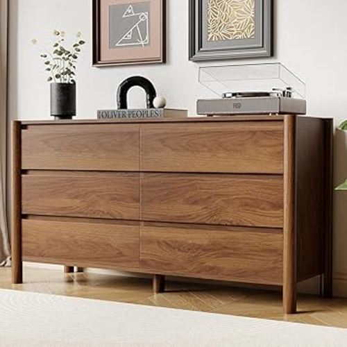 47" Wide 6-Drawer Dresser, Farmhouse Storage Chest with Solid Wood Legs, Large Organizer TV Stand for Bedroom, Living Room & Hallway, Walnut Finish
