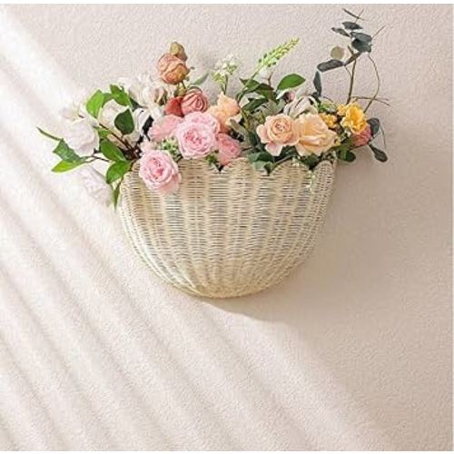 Scalloped Hanging Wicker Baskets for Wall, Scalloped Home Decor, Hanging Woven Rattan Wall Basket for Flowers Front Door Bathroom Storage (Natural A)