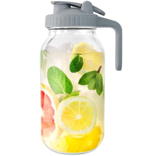 VA1KENE Glass Pitcher with Lid, 64oz Mason Jar Pitcher with Spout and Handle, Gray for Lemonade, Iced Drinks, Sun Tea