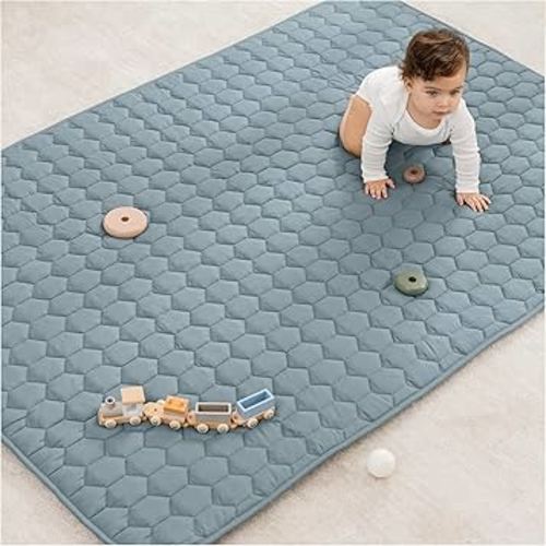 Comfy Cubs Rectangle Kids Play Mat - Medium 48 x 72 inches Soft Quilted Baby Floor Mat with Non-Slip Bottom - Plush Design for Toddlers Playtime and Relaxation - Comfortable and Durable - Pacific Blue