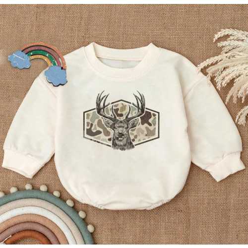 Deer Camo Romper Sweatshirt, Hunting Baby Outfit, Rustic Baby Shower Gift, Baby Boy Clothes, Toddler Outdoor Adventure Outfit