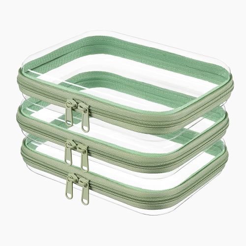 3-PCS Medium Clear Hard Shell Zipper Pouches, Clear Zipper Bags (3M, Green)