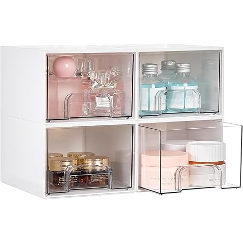 Vtopmart 4Pack Small Stackable Storage Drawers, Bathroom Makeup Organizer,Plastic Storage Bins For Vanity, Undersink, Kitchen Cabinets, Pantry, Home Organization(White)