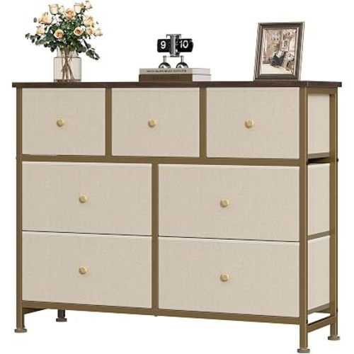 OLIXIS 7 Drawer Dresser for Bedroom, Tall Fabric Storage Tower with Sturdy Steel Frame and Wooden Top, Large Dresser for Living Room Entryway with Easy Pull Fabric Bins,Khaki