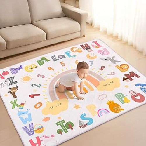 Baby Play Mat for Floor, 71''x59'' Soft Quilted Playmat,Thick Foam Cushioned Kids Floor Mat for Tummy Time, Extra Large Non-Slip Backing for Crawling for Toddlers Infants Newborn,Alphabet Rainbow