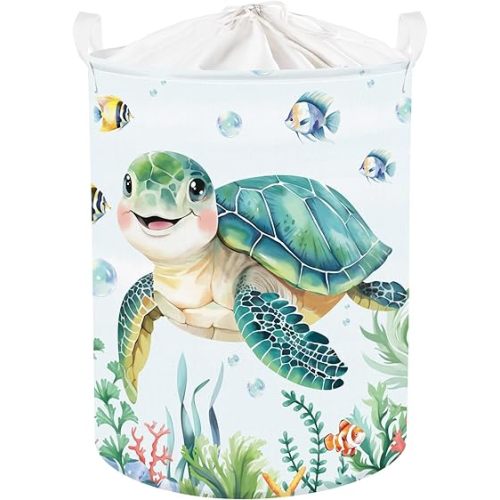 Clastyle Large Fish Sea Turtle Baby Basket Ocean Coral Seaweed Starfish Toy Book Shelf Basket Waterproof Pool Toy Beach Towel Storage Bin Collapsible Dirty Clothes Hamper, Blue, 36 * 45 cm