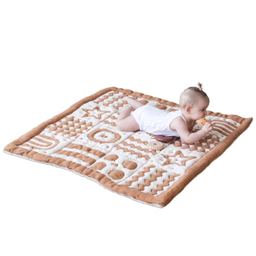 3D Soft Organic Cotton Crawling Blanket – GOTS Certified, 40x40 in Montessori Design for Motor Skill Development, Reversible, No Loose Threads – Washable & Sustainable