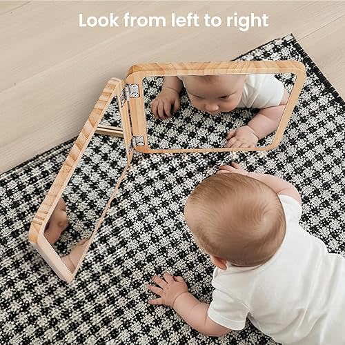 Tummy Time Mirror for Infant, 0-180° Adjustable Baby Mirrors with 15 Black and White Educational Cards, Shatterproof & Portable Baby Safe Mirror Toy, Developmental Baby Gift for 0-6 Months
