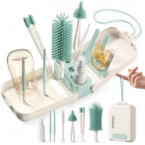 lalalark 7-in-1 Travel Baby Bottle Cleaning Kit, Silicone Brush Tools, Mint | BPA-Free, food-grade design includes dual-head cleaner, nipple brush, soap dispenser, drying rack, and portable storage case.