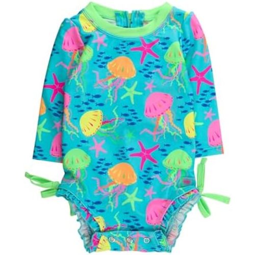 RuffleButts Baby Girls UPF 50+ Sun Protection Floral Printed Long Sleeve One Piece Rash Guard Swimsuit with Zipper