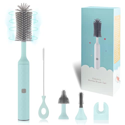 WHNL Electric Bottle Brush, 4 Piece Bottle Brush Set with Baby Bottle Brush Cleaner, Nipple Brush, Pacifier Cleaner, Straw Cleaner Brush, Gifts for Newborns and Mothers, Blue