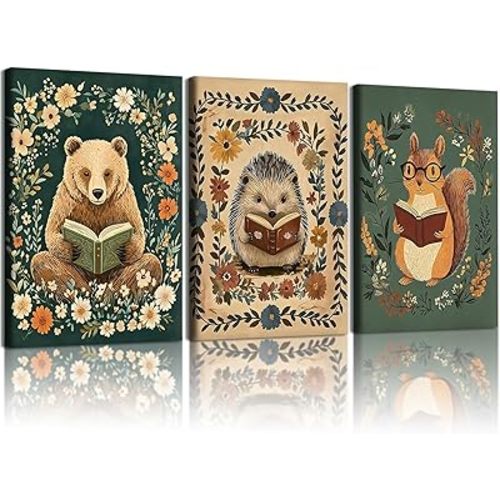 3pcs Animal Reading Canvas Wall Art Cute Woodland Animals Wall Decor Bear Hedgehog Squirrel Pictures Print Bohemian Floral Posters Paintings Suitable for Kids Room Nursery Playroom 12 x 16 Inch