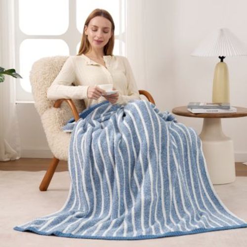Reversible Knit Throw Blanket Soft Stripe Line Blankets - Snuggle Sac,Blue,50*60