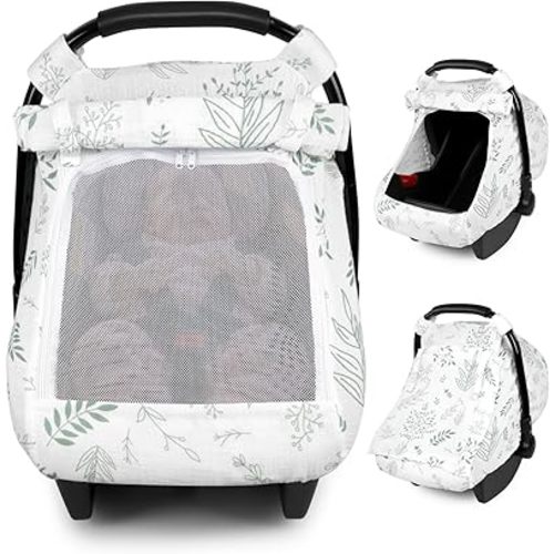 Muslin Baby Car Seat Cover with Extra Large Mesh Window, Breathable Infant Car Seat Canopy Cover for Summer, Universal Car Seat Stroller Cover for Boys and Girls (Leaf)
