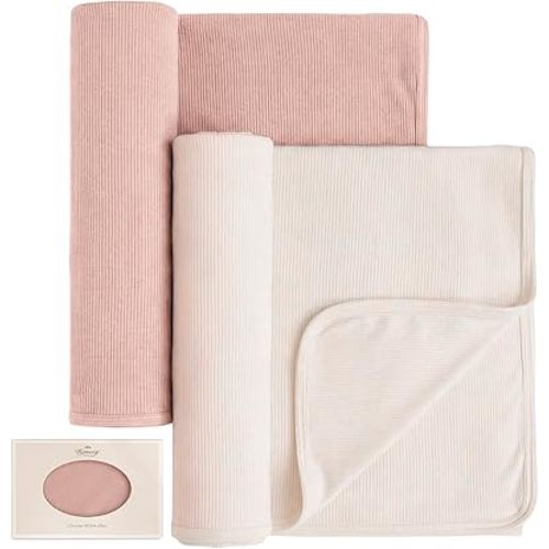 Konssy Knit Baby Blanket 2 Pack, Soft Ribbed Swaddle Receiving Blankets for Boys & Girls, Lightweight Cozy Swaddling Wrap for Newborns, Infants, & Toddlers, 33x42 Inch (Pink,Beige)